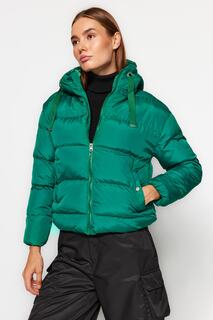Куртка-пуховик Trendyol оверсайз водоотталкивающая с капюшоном, зеленый