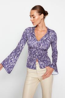Блузка Trendyol эластичная с воротником, фиолетовый/белый