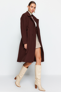 Пальто Trendyol оверсайз с широкими поясом и длинными манжетами, коричневый