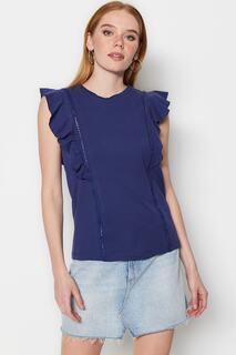 Блузка Trendyol с круглым вырезом и рюшами, темно-синий