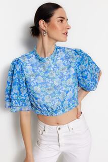 Блузка Trendyol укороченная с высоким воротником, синий