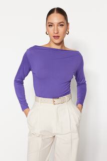 Блузка Trendyol эластичная с длинными рукавами и вырезом, фиолетовый