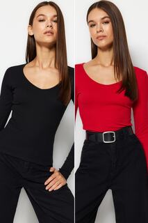 Блузка Trendyol с v-образным вырезом облегающего кроя комплект из 2 шт, черный/красный