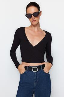 Блузка Trendyol эластичная с двубортным воротником и длинными рукавами, черный