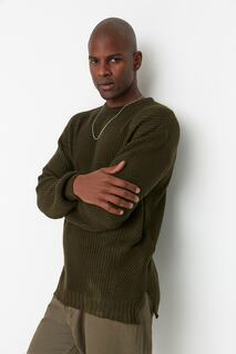 Мужской вязаный свитер оверсайз цвета хаки, широкий крой с круглым вырезом и разрезом Trendyol