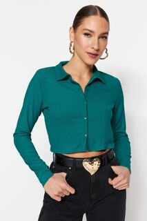 Блузка Trendyol укороченная с воротником-поло, зеленый