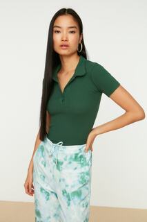 Блузка Trendyol в рубчик с воротником-поло, зеленый