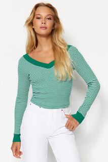 Блузка Trendyol эластичная в рубчик с V-образным вырезом, зеленый