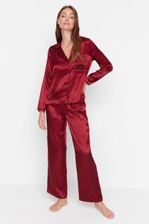 Пижамный комплект Trendyol из рубашки и брюк с новогодней тематикой, бордовый
