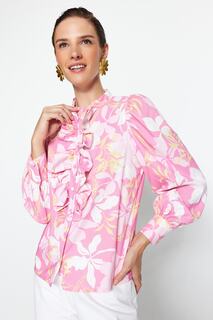 Рубашка шифоновая Trendyol с рюшами и цветочным принтом, розовый