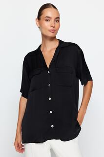 Рубашка атласная Trendyol с коротким рукавом, черный