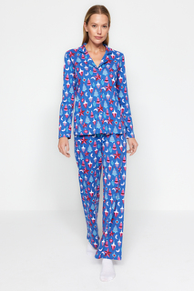 Пижамный комплект Trendyol с новогодней тематикой, синий