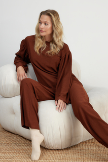 Пижамный комплект Trendyol с рюшами и морщинами, коричневый