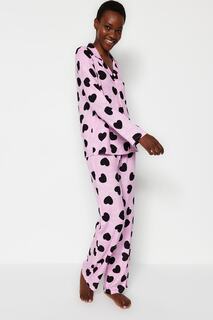 Пижамный комплект Trendyol из вискозной рубашки и брюк с сердечками, светло-розовый