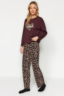 Пижамный комплект вязаный Trendyol с леопардовым узором, коричневый