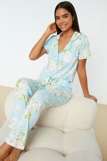 Пижамный комплект вязаный Trendyol с цветочным узором, синий