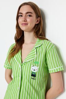 Пижамный комплект вязаный Trendyol в зеленую полоску с принтом
