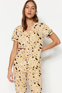 Пижамный комплект Trendyol с окантовкой и графическим принтом, персиковый