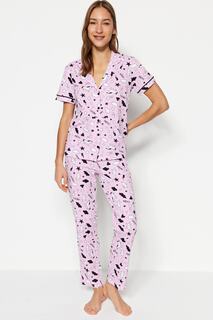 Пижамный комплект вязаный Trendyol с графическим принтом и окантовкой, светло-розовый