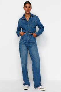 Комбинезон джинсовый Trendyol с пуговицами спереди и строчкой, синий