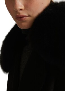 Кашемировое пальто с поясом и воротником из лисьего меха Yves Salomon, темно-серый