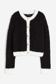 Кардиган H&amp;M Rhinestone-button Fluffy-knit, черный/белый H&M