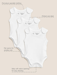 3 комплекта боди для недоношенных детей из чистого хлопка (3–4 фунта) Marks &amp; Spencer, белый