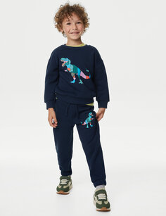 Джоггеры с динозаврами из богатого хлопка (2–8 лет) Marks &amp; Spencer, темно-синий