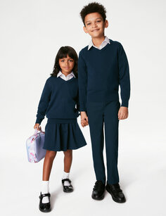 2 пары облегающих хлопковых школьных джемперов унисекс (3–18 лет) Marks &amp; Spencer, темно-синий