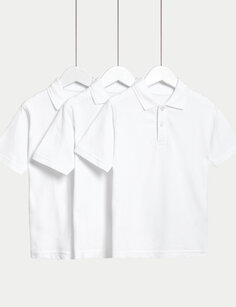 3 пары школьных рубашек-поло унисекс из чистого хлопка (2–16 лет) Marks &amp; Spencer, белый