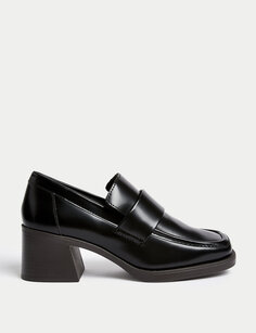 Кожаные лоферы с квадратным носком на блочном каблуке Marks &amp; Spencer, черный