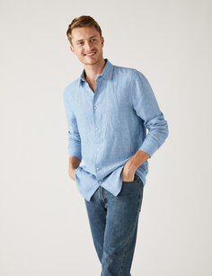 Удлиненная рубашка из чистого льна Marks &amp; Spencer, светло-синий