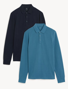 2 шт. рубашки поло с длинными рукавами из чистого хлопка Marks &amp; Spencer, темно-бирюзовый