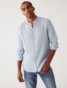 Рубашка в полоску из чистого льна с дедушкиным воротником Marks &amp; Spencer, синий микс
