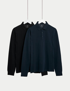 2 шт. рубашки поло с длинными рукавами из чистого хлопка Marks &amp; Spencer, черный микс