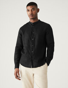 Рубашка из чистого льна с дедушкиным воротником Marks &amp; Spencer, черный