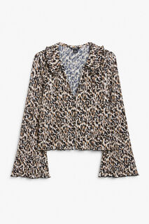 Плиссированная блузка Monki на пуговицах с леопардовым принтом, черный/бежевый/коричневый