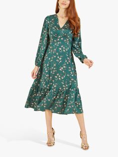 Платье миди с многоуровневым подолом Yumi, зеленое