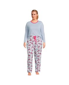 Женский трикотажный пижамный комплект больших размеров, футболка с длинными рукавами и брюки Lands&apos; End