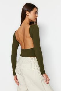 Блузка Trendyol приталенная эластичная с глубокой спинкой, темно-зеленый