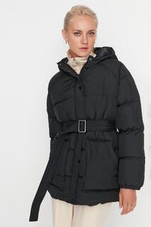 Куртка-пуховик Trendyol оверсайз водоотталкивающая с поясом и капюшоном, черный