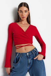 Блузка Trendyol укороченная эластичного трикотажа с длинными рукавами, красный