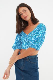 Блузка Trendyol укороченная с цветочным узором, синий