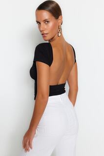 Блузка Trendyol укороченная эластичная с открытой спиной, черный