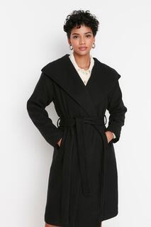 Пальто Trendyol оверсайз кашемировое с широким воротником и поясом, черный