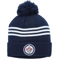 Мужская вязаная шапка adidas Navy Winnipeg Jets Lock Room с тремя полосками и манжетами и помпоном