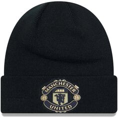 Мужская черная вязаная шапка с манжетами New Era Manchester United черно-золотого цвета