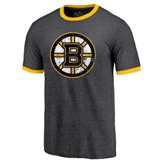 Мужская футболка Majestic Threads Heathered Black Boston Bruins Ringer Tri-Blend с контрастом