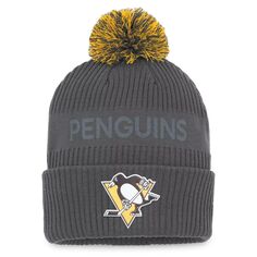 Мужская угольная вязаная шапка Fanatics Pittsburgh Penguins Authentic Pro Home с манжетами и помпоном