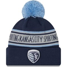 Мужская темно-синяя вязаная шапка New Era Sporting Kansas City с повторяющимися манжетами и помпоном